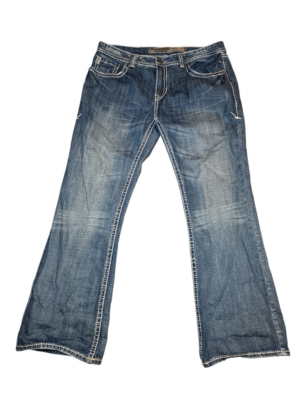 Rock & Roll Cowboy Men’s 38x32 Slim Bootcut Jeans Western Contrast Stitch Denim